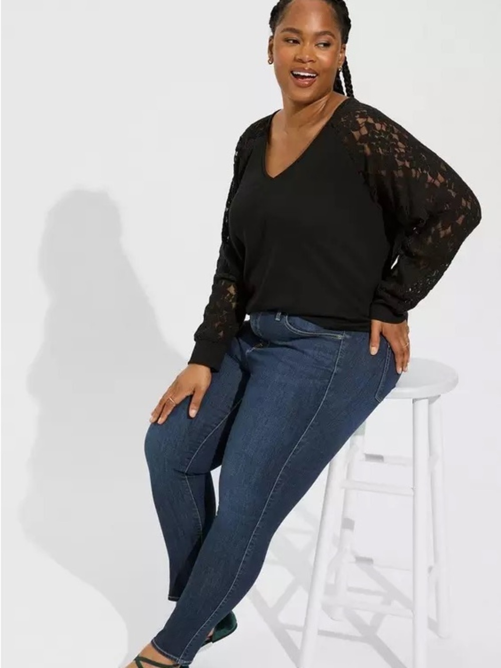 NEW torrid black cotton modal ribbon neck lace long sleeve top 3 3X